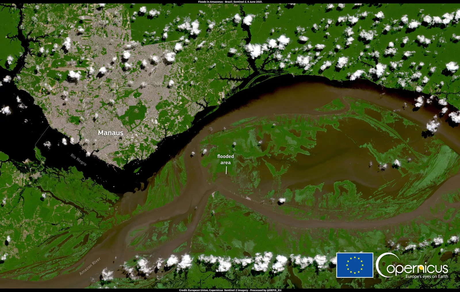 Alagamento em área urbana — Foto: Copernicus/European Union (Satélite Sentinel-2)