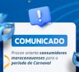 Arte que traz um fundo azul com máscaras, em alusão ao Carnaval, repleto de orientações do Procon Maracanaú para que os consumidores aproveitem o Carnaval, livres de problemas e possíveis imprevistos durante os dias de folia.